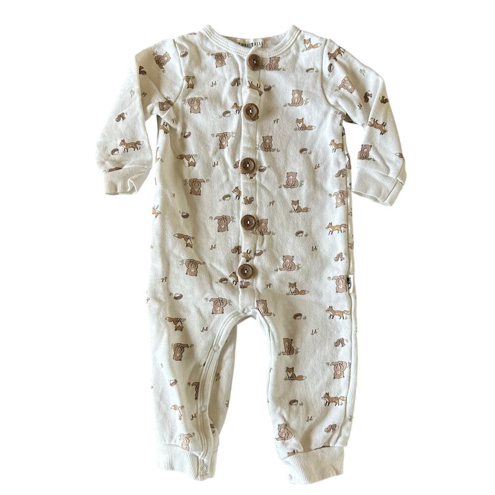 Rabbit + Bear Baby 6-9 Month White Fleece Organic Cotton Romper Woodland Animals